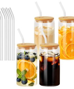 4er Set 500 ml Trinkgläser mit Deckel und Strohhalm für Cocktails und Iced Coffee