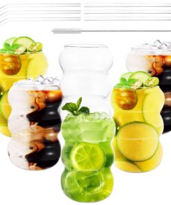 GBACHOOSE 6er Set Aesthetic Matcha Latte Glas, 500ml, Gerippte Gläser mit Strohhalm für Matcha und Cocktails