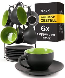 MIAMIO Cappuccinotassen Set 6x 175ml mit Unterteller & Ständer Le Papillon Grün