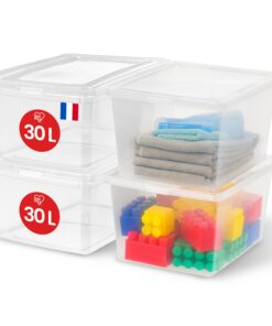 Iris Ohyama Mehrzweck-Kunststoff-Aufbewahrungsbox 30L 4er Set Transparent Einfache Verschließung Stapelbar für Schlafzim