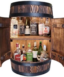 Weeco Wein Rack mit LED Beleuchtung für Mann als Geschenk - Vintage-Stil Holzfass Bar mit Tür 82x50cm
