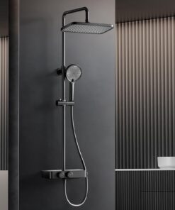 HANLIAN Thermostatischer Duschsystem, Regendusche mit Armatur und Sicherheitsverriegelung (Stil L38, Mattschwarz)