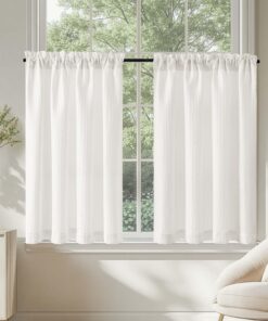 TOPICK Blickdicht Scheibengardinen für Küche Weiß Bauernstil mit Waffel Muster Halbtransparent für Kleine Fenster OEKO-T