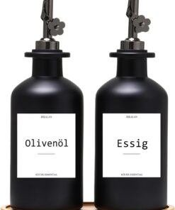 Essig und Ölflaschen Set, 350ml Ölflaschen, Olivenöl Flaschen mit Automatischem Öffnen, 22 Aufkleber Included
