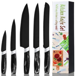 BEWOS Schwarz Scharfe Edelstahl Küchenmesser Set 5PCS, Kochmesser, Gemüsemesser, Schälmesser, Schneidemesser & Brotmesse