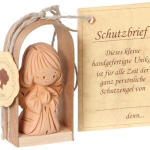 Keramik Schutzengel kniend im Holzbogen für Kinderzimmer als Schutz against Unheil in der Nacht ca 3 x 2 x 6 cm - Traumz