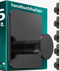 Menz Handtuchhalter ohne Bohren - Edelstahl Klebehaken für Badezimmer - hochfunktional, 6 Stück Schwarz, Wasserfeste Tra