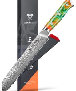 **YAO Serie 20 cm Brotmesser - Gehämmertes Damaststahl Klingenblatt mit Wellenschliff - Holz Griff** | **YAO Serie 20 c