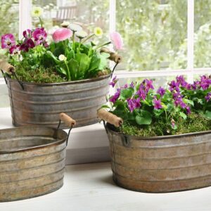 3er Set Metallwannen im Antik-Design für Garten-Deko | 3er Set Metallwannen mit Holzgriffen als Blumenkübel | 3er Set M