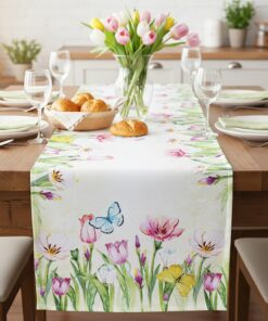 KAMACA Blumen-Tischläufer Frühlingsdekoration Esszimmer Kitchen Wohnzimmer (40x140 cm Aquarell Tulpen & Schmetterlinge)