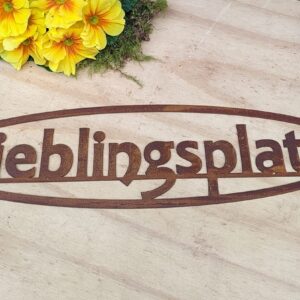 Terracotta Toepfe DE Schild LIEBLINGSPLATZ Oval, Edelrost Ausführung, Breite ca. 50 cm, Garten Deko Sommer Terrasse Balk