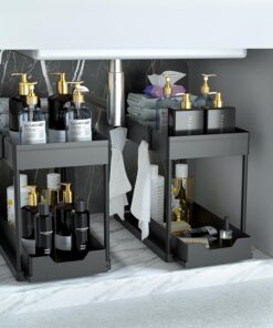 DEKAVA Küchen Organizer 2 Unter Waschbecken Regal mit 4 Haken Schwarz für Küche Bad Putzmittel