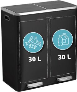 Homra Müleimer Küche 2x30 Liter Schwarz | Edelstahl Treteimer Trennsystem 2 Fach | Softclose Mülltrennsystem | 60 Liter