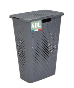 SUNDIS Pixel Wäschekorb mit deckel 40l recycelter Kunststoff, grau, ideal für kleine Räume, 2 seitliche Griffe und 1 Gri