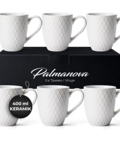 MIAMIO Weiß 6 x 400 ml Moderne Keramik Tasse Matt - Palmanova Kollektion Café Tassen für Erwachsene - Ideal für Home Bre