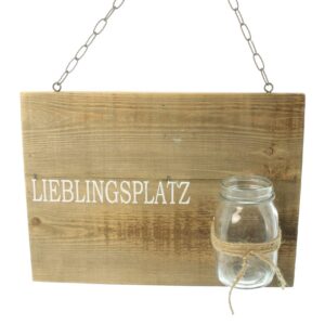 FRANK FLECHTWAREN Lieblingsplatz Schild - Holz, braun gewaschen, Metall und Jute, ideal für Küchen und Bäder, 38 x 28 cm