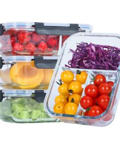 Meal Prep Boxen Glas 3 Fächer für Gesunde für Fitness-Loversfürs Büro und Zuhause mit Trennern und Luftdichten Verschlus