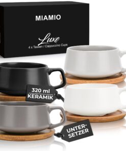 MIAMIO - 4 x 320 ml Kaffeetassen mit Unterteller/elegant/modern - Luxe Kollektion 4er Set (Klassisches Pastell) MIAMIO