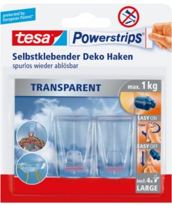 Tesa Klebehaken für Transparente Oberflächen und Glas - Durchsichtige, selbstklebende Haken - Suitable für Home Décor un