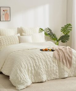 Boqingzhu Seersucker Bettwäsche Set für Sommer Creme Beige Weiß 135x200cm Atmungsaktiv Kühlend mit Reißverschluss OEKO-T