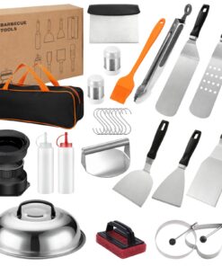 Grillbestec Set mit Burgerpresse und Pfannenwender, Edelstahl, 27 Pcs Geschenkset | Edelstahl Burgerpresse mit Griff, G