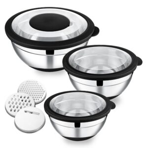 Herogo Salatschüssel 3er-Set - Edelstahl-Mixschüssel mit Luftdichten Deckeln & Reibeaufsätzen - Ideal für Küche & Backen