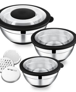 Herogo Salatschüssel 3er-Set - Edelstahl-Mixschüssel mit Luftdichten Deckeln & Reibeaufsätzen - Ideal für Küche & Backen