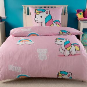DreamHome Fein-Biber Bettwäsche 100% Baumwolle, extra Flauschig, Kinderbettwäsche, Einhorn Design, 135x200, Kuschelig