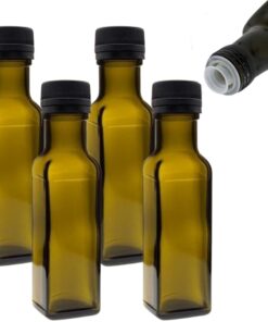 Mikken 4x Ölflasche 100ml mit Ausgiesser grün/braune Glasflaschen für Küche inkl. Etiketten