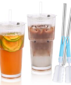 2 Stück 600ml Eiskaffee Gläser mit Deckel und Strohhalmen, Gerippte Trinkgläser für Bubble Tea und Smoothie, leicht w.pi