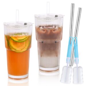 2 Stück 600ml Eiskaffee Gläser mit Deckel und Strohhalmen, Gerippte Trinkgläser für Bubble Tea und Smoothie, leicht w.pi