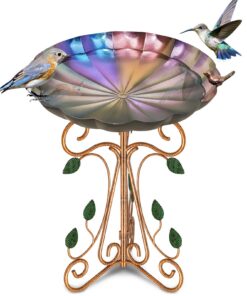 Gouisalin Vintage-Stil Vogeltränke aus Metall, groß für Garten und Terrasse, antiker bunter Sockel (33 cm Durchmesser)