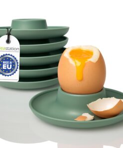 NEO Bruchsichere Plastik Eierbecher Set 6 Stück Camping - grün-grau matt mit Ablage & Überlaufschutz