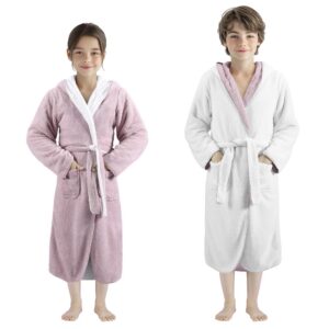 HOMELEVEL Kuschelfleece Bademantel OEKO-TEX STANDARD 100 für Kinder - Sherpa Morgenmantel mit Taschen und Schalkragen Gü
