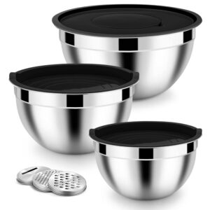 Homikit Rührschüssel Schwarz, 3-Reibenaufsätze, 1,6L / 2,8L / 4,6L, Stapelbar, Luftsicheres Deckel mit Salatschüssel Set