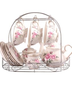 Europäisches Stil Bone China Kaffee Set Mit Metall Ständer Rosa,Vintage Blüten Druck, Hochzeitsgeschenk Und Alltagserdeu