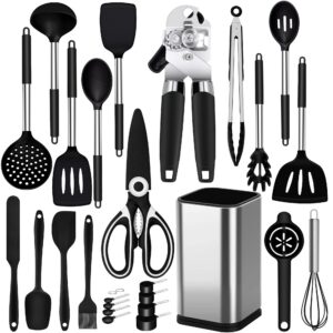 Küchenhelfer Set, 26 Stück Silikon Küchenutensilien, Hitzebeständiger Kochgeschirr mit Utensilienhalter, BPA Frei, Spülm