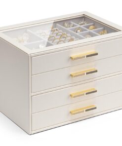 Vlando Weiße Schmuckschatulle mit Glasdeckel - 4-stöckiger Schmuck-Organizer, Schmuckaufbewahrung, 4 Schubladen, Geschen