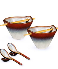 HENXFEN LEAD Japanischer Ramen Schüssel Set Keramik 2er 600ml mit Stäbchen Löffel Löffelruhe Gradient Rot