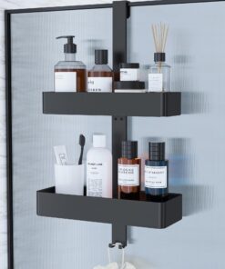 Kitsure Schwarz 2-Stöckiges Duschregal ohne Bohren - Praktisch für Shampoo, Handtuch & Abzieher