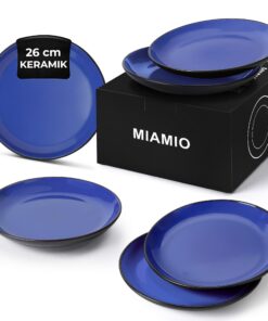 MIAMIO 6 Teiliges Teller/Speiseteller Set aus Steingut Keramik für Familien - Le Papillon Kollektion (Blau, Große Teller