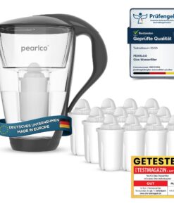 PearlCo Glas-Wasserfilter Anthrazit – Besserer Geschmack & Schutz für Geräte – Reduziert Kalk & Schwermetall – 12 Filter