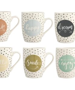 H+H Enjoy Kaffeebecher 6er-Set 350 ml – New Bone China mit Sprüchen – spülmaschinen- & mikrowellensicher