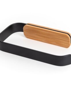 KAZAI Toilettenpapierhalter Leif Ohne Bohren Selbstklebend | Edelstahl Echtholz-Bambus Schwarz Matt | Badzimmer Rollenha