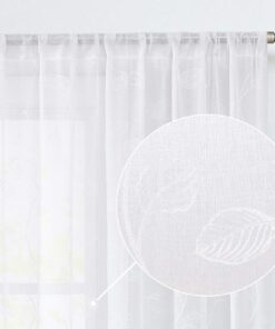 TOPICK Weißer Stangedurchzug Vorhang für Wohnzimmer und Schlafzimmer lichtdurchlässig mit Blätter Stickerei H175xB140(cm