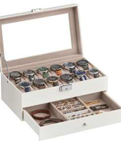 SONGMICS Uhrenbox mit Glasdeckel, 2 Ebenen, abschließbar, für 12 Uhren, JWB012W01, Geschenkidee, Forest Stewardship Coun
