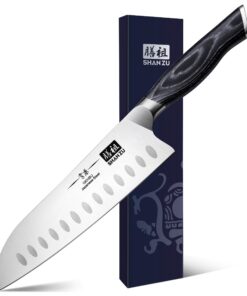 [SHAN ZU Santoku Messer] + [Hochwertiges Carbon Edelstahl] + [Profi-Küchenmesser] + [Ergonomischer Holzgriff] + [18CM Ex