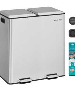 SONGMICS Küchenmüllcontainer 2 x 30 L, Softclose, Edelstahl, metallicsilber, Mülltrennsystem LTB743E01