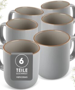 vancasso RENO Kaffeetassen Set 6er 480ml Grau - Große Steingut Becher Spülmaschinenfest Mikrowellenfest