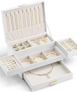 Vlando 3-stöckige Schmuckschatulle mit Schublade & Tablett für Halsketten, Ringe, Armbänder & Ohrringe, Weiß